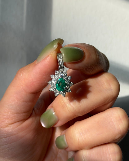 Vintage Platinum Pear Cut Emerald Double Diamond Halo Pendant