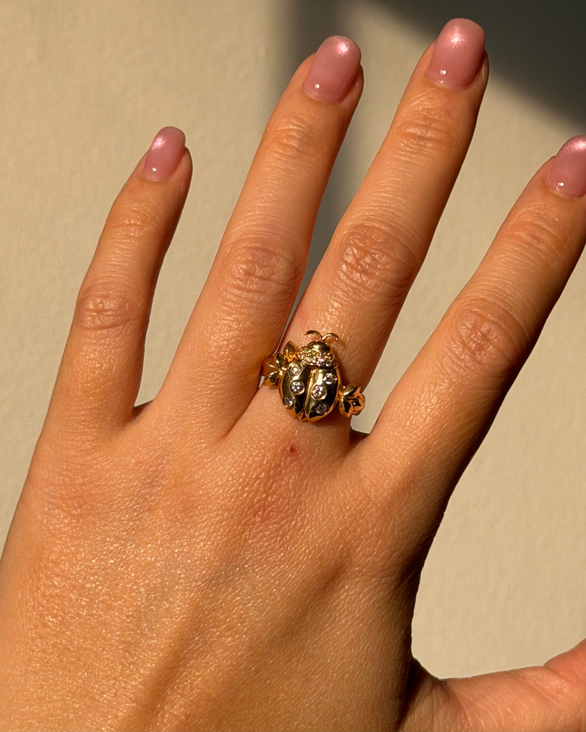 Vintage 18k Gold Flush Set Diamond Lady Bug Ring