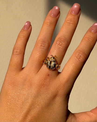Vintage 18k Gold Flush Set Diamond Lady Bug Ring