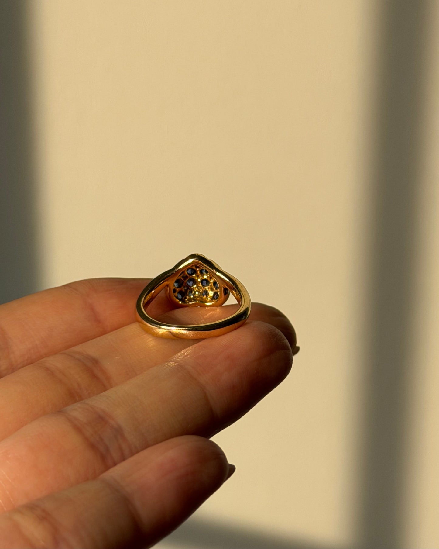 Vintage 18k Gold Blue Sapphire and Diamond Checkered Heart Ring