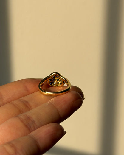 Vintage 18k Gold Blue Sapphire and Diamond Checkered Heart Ring