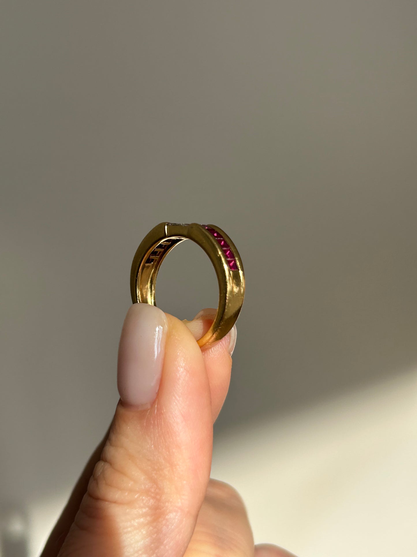 Vintage 18k Gold Center Princess Cut Diamond Ring with Channel Set Baguette Rubies