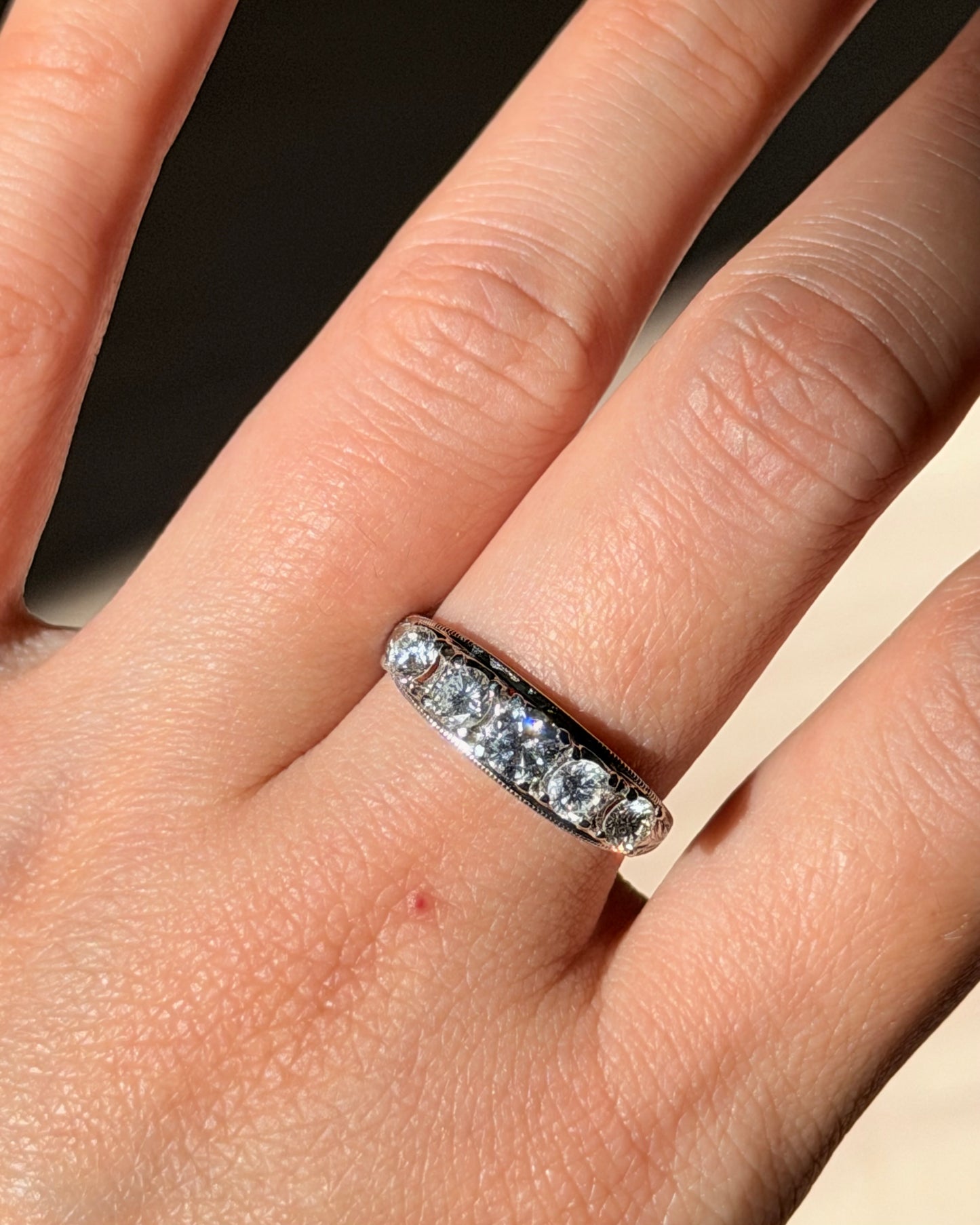 Vintage Platinum 1 CTW Five-Stone Diamond Band - Engraved Shoulder Details