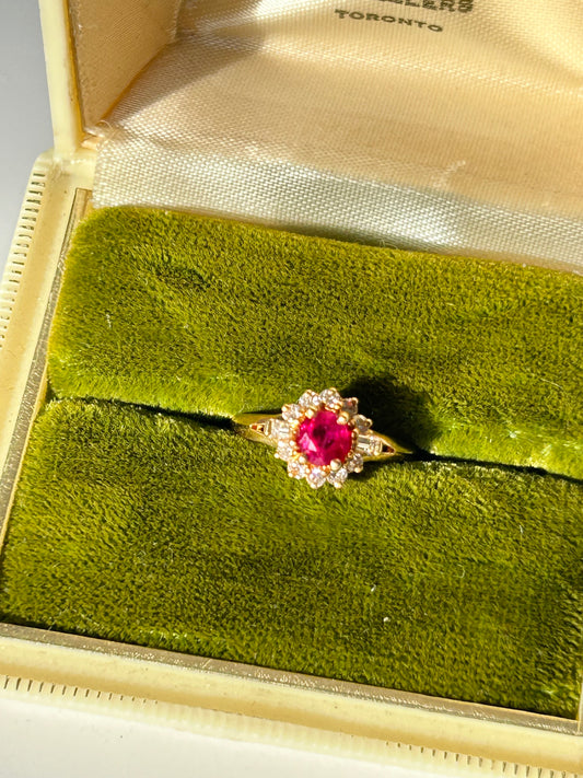 Vintage 18k Gold Center Ruby Diamond Halo Ring