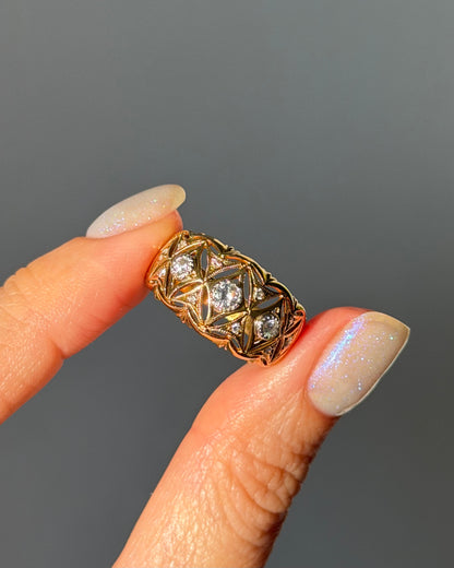 Vintage 18k Gold Open-Work Milgrain Detail Bezel Set Diamond Dome Bombe Ring