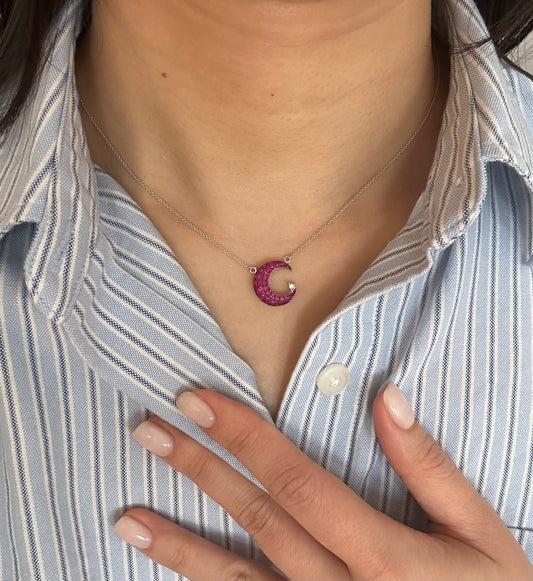 Vintage 18k White Gold Invisible Set Ruby Crescent Pendant Chain