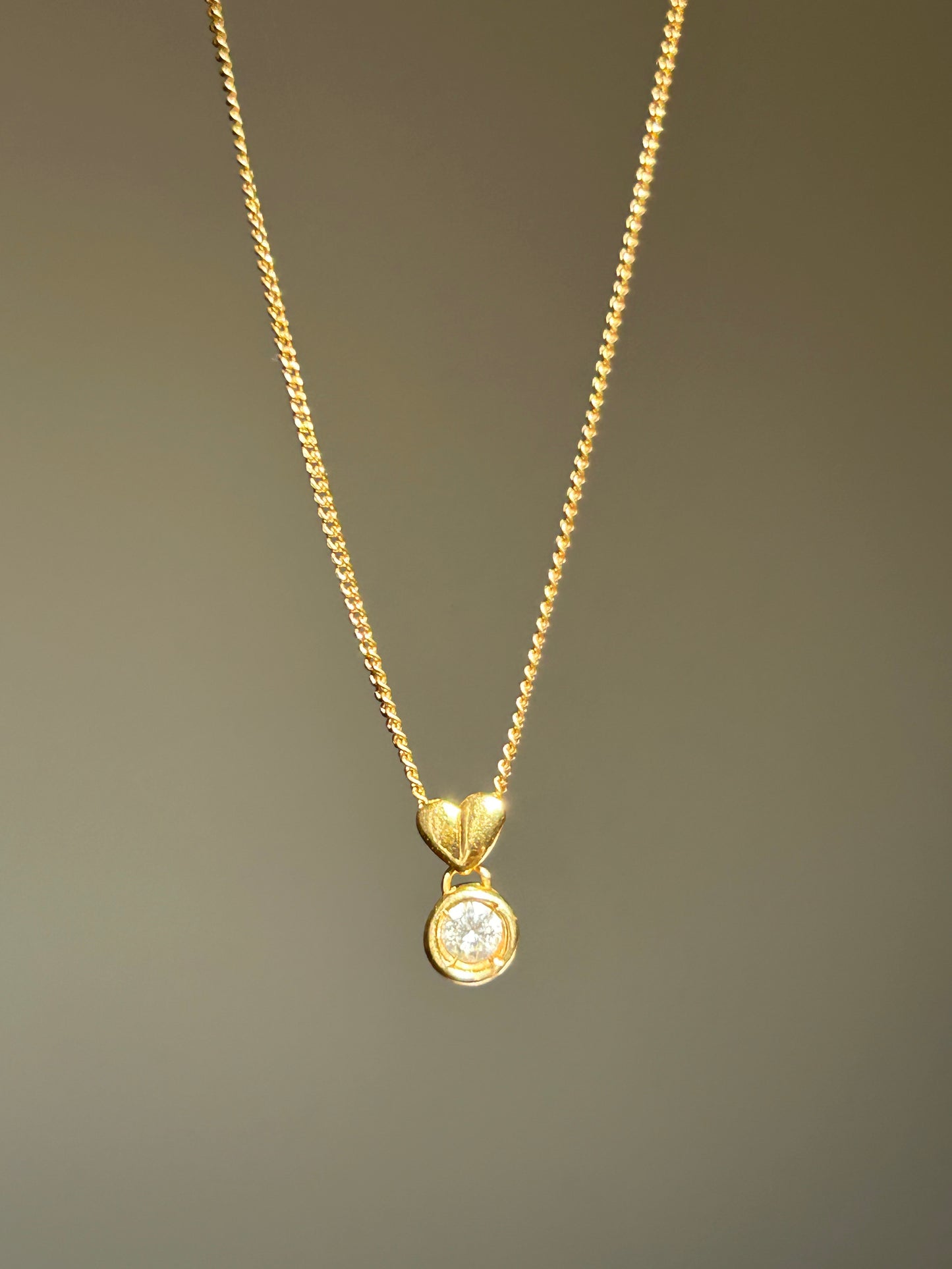 Vintage 18k Gold Bezel Set Diamond Necklace - Heart Bail Detail, Curb Chain