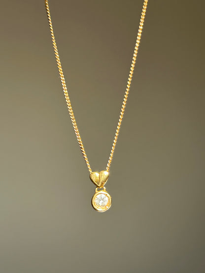 Vintage 18k Gold Bezel Set Diamond Necklace - Heart Bail Detail, Curb Chain