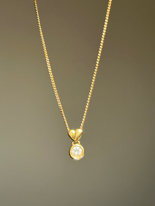 Vintage 18k Gold Bezel Set Diamond Necklace - Heart Bail Detail, Curb Chain