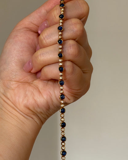 Vintage 18k Gold Bezel Set Sapphire Cabochon and Diamond Bracelet