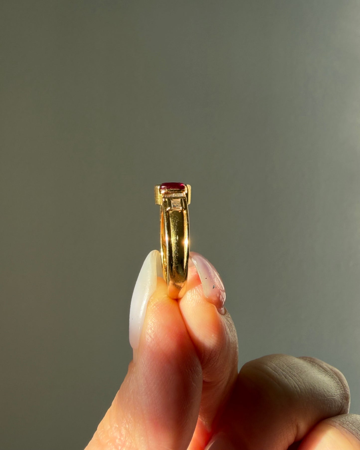 Vintage 18k Gold Art Deco Inspired Half Bezel Set Ruby and Emerald-Cut Diamond Ring