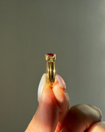 Vintage 18k Gold Art Deco Inspired Half Bezel Set Ruby and Emerald-Cut Diamond Ring