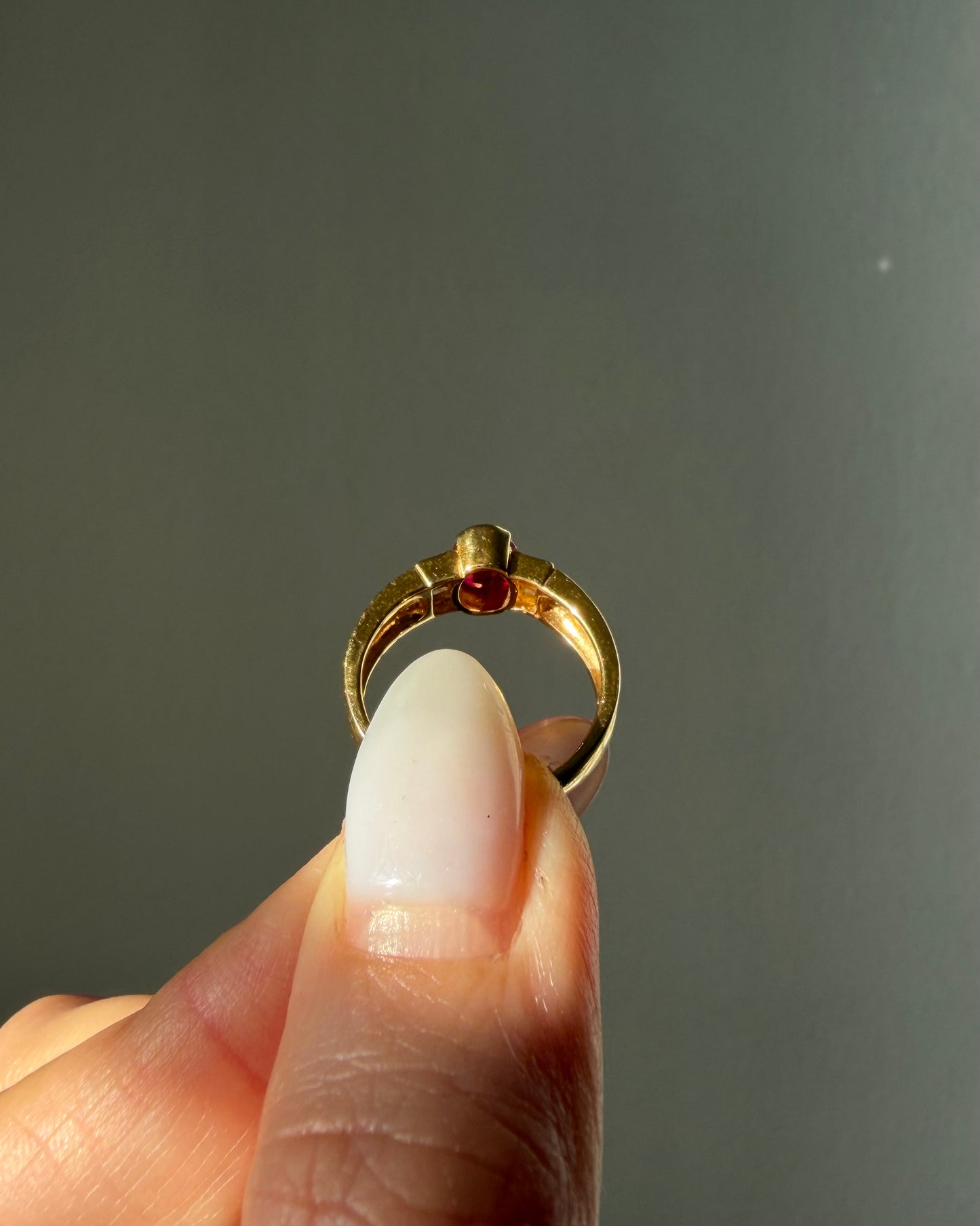 Vintage 18k Gold Art Deco Inspired Half Bezel Set Ruby and Emerald-Cut Diamond Ring