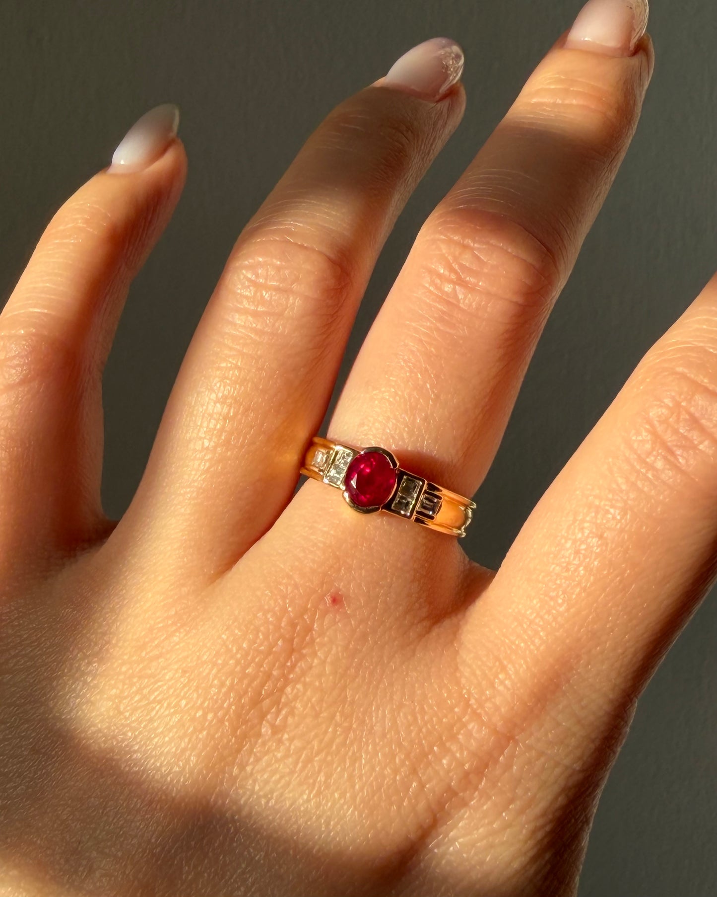 Vintage 18k Gold Art Deco Inspired Half Bezel Set Ruby and Emerald-Cut Diamond Ring