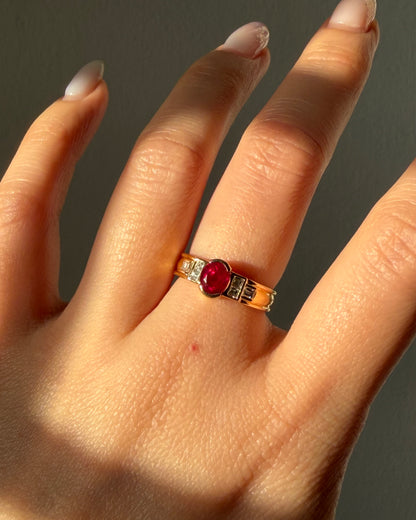 Vintage 18k Gold Art Deco Inspired Half Bezel Set Ruby and Emerald-Cut Diamond Ring