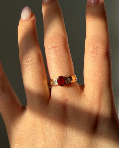 Vintage 18k Gold Art Deco Inspired Half Bezel Set Ruby and Emerald-Cut Diamond Ring