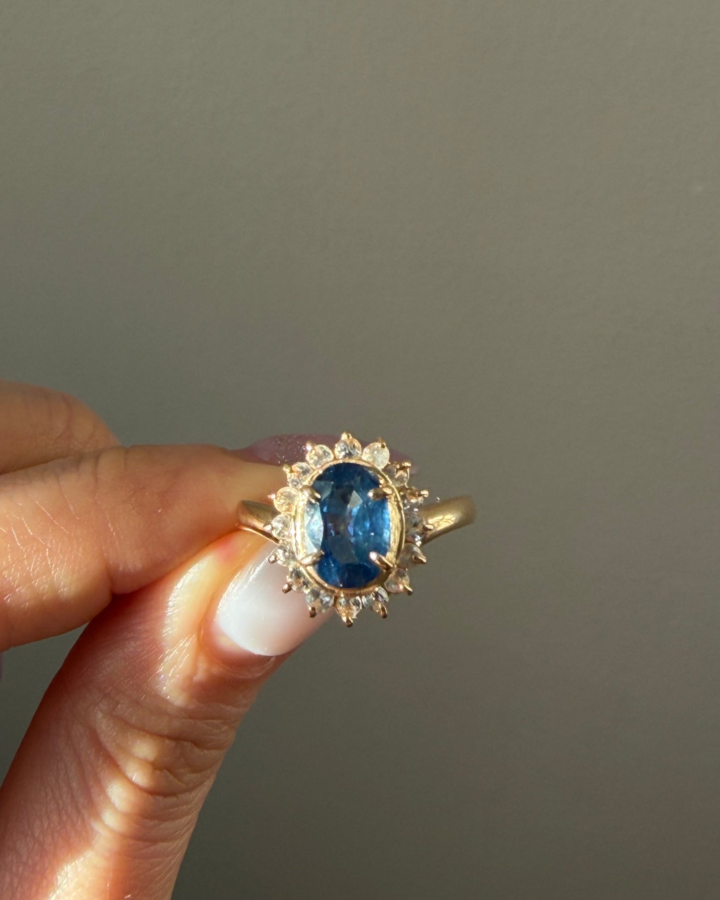 Vintage 18k Gold Oval Blue Sapphire with Glass Stone Halo Ring