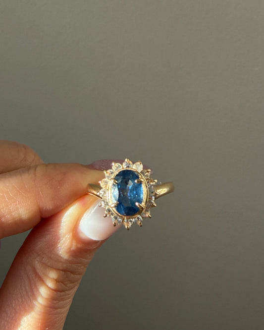 Vintage 18k Gold Oval Blue Sapphire with Glass Stone Halo Ring