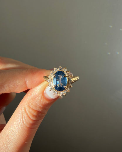 Vintage 18k Gold Oval Blue Sapphire with Glass Stone Halo Ring