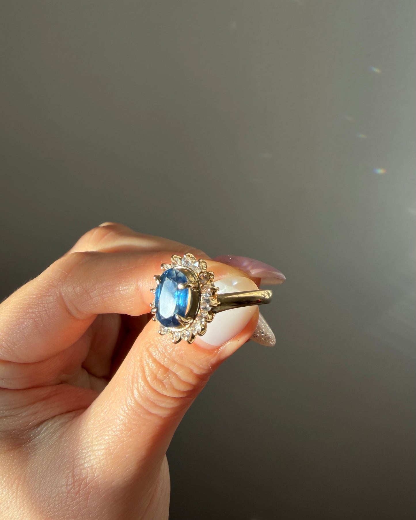 Vintage 18k Gold Oval Blue Sapphire with Glass Stone Halo Ring