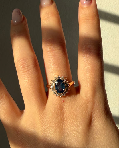 Vintage 18k Gold Oval Blue Sapphire with Glass Stone Halo Ring