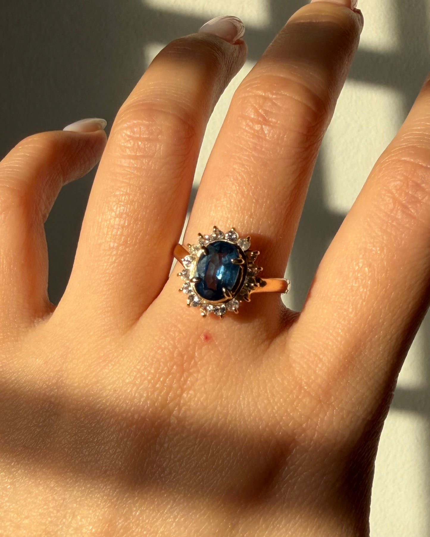 Vintage 18k Gold Oval Blue Sapphire with Glass Stone Halo Ring