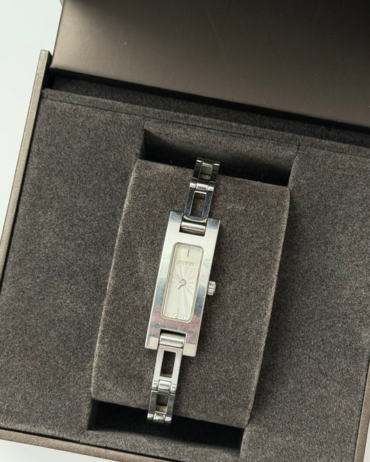 Vintage Y2K Gucci 3900L Stainless Steel Silver Rectangular Guilloché Dial Watch - With Box
