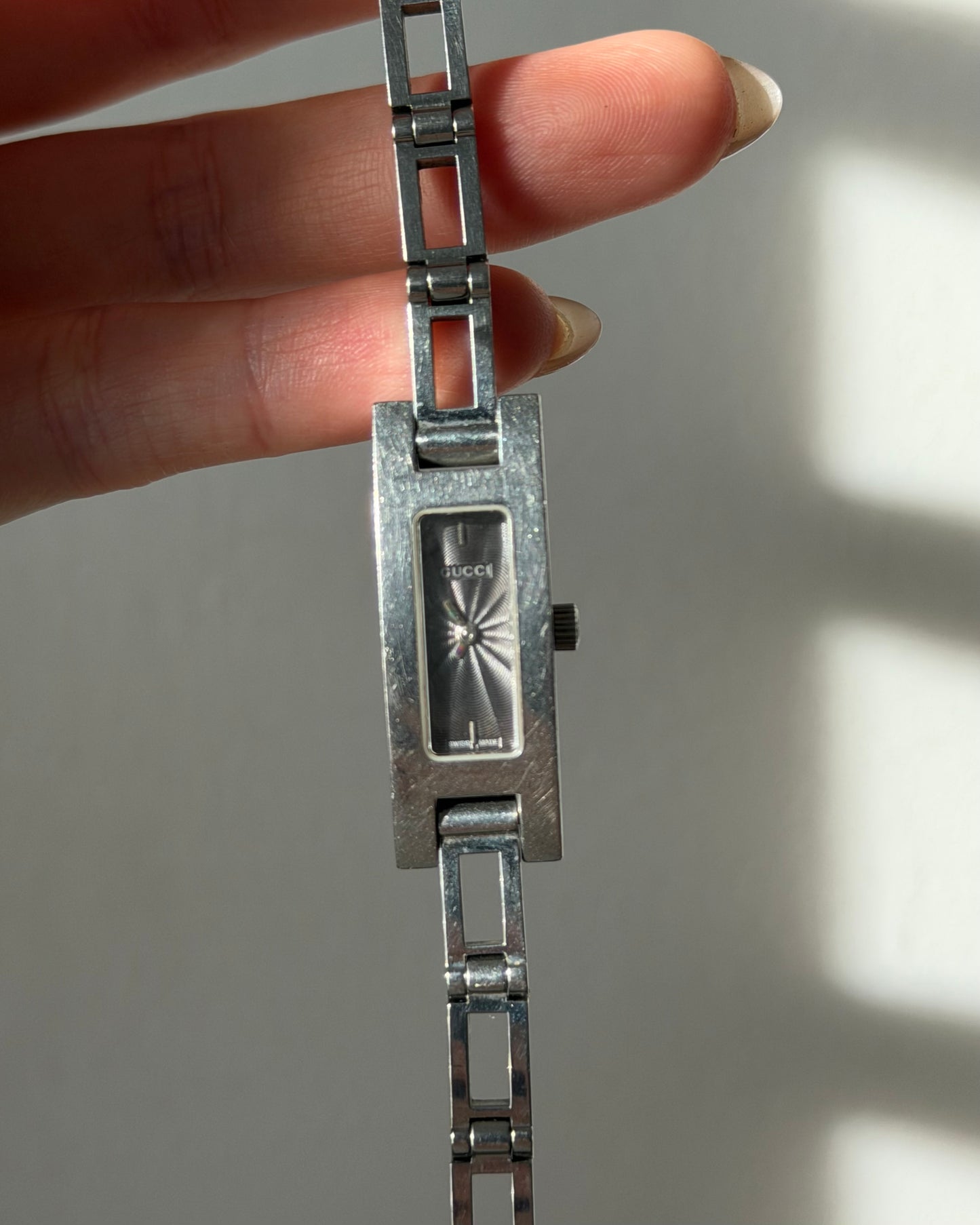 Vintage Gucci 3900L Stainless Steel Dark Grey Rectangular Guilloché Dial Watch