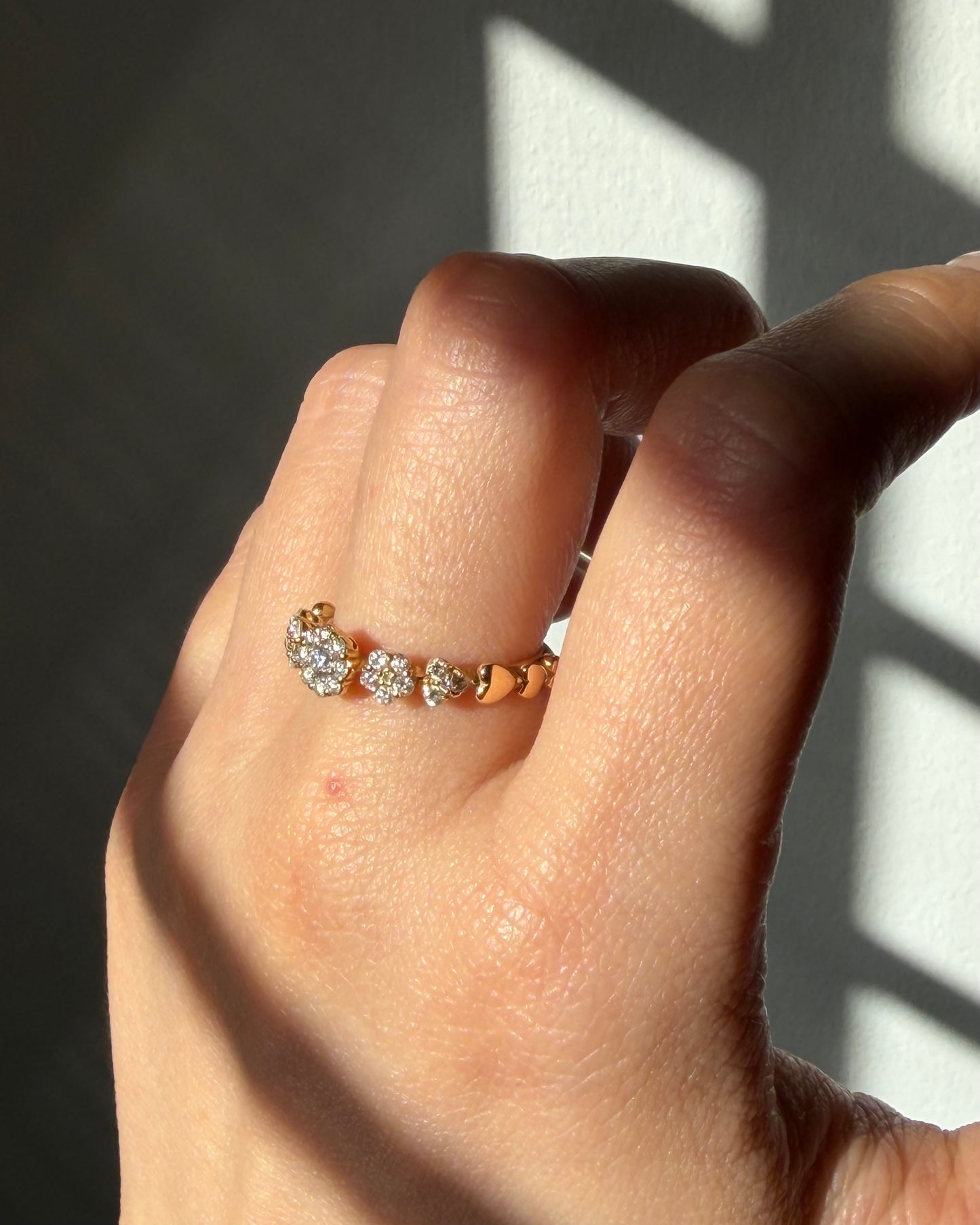 Vintage 18k Gold Diamond Flower Stacking Band - Heart Shoulder Details