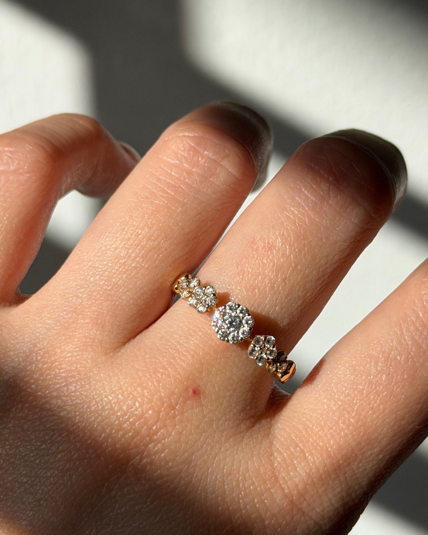 Vintage 18k Gold Diamond Flower Stacking Band - Heart Shoulder Details