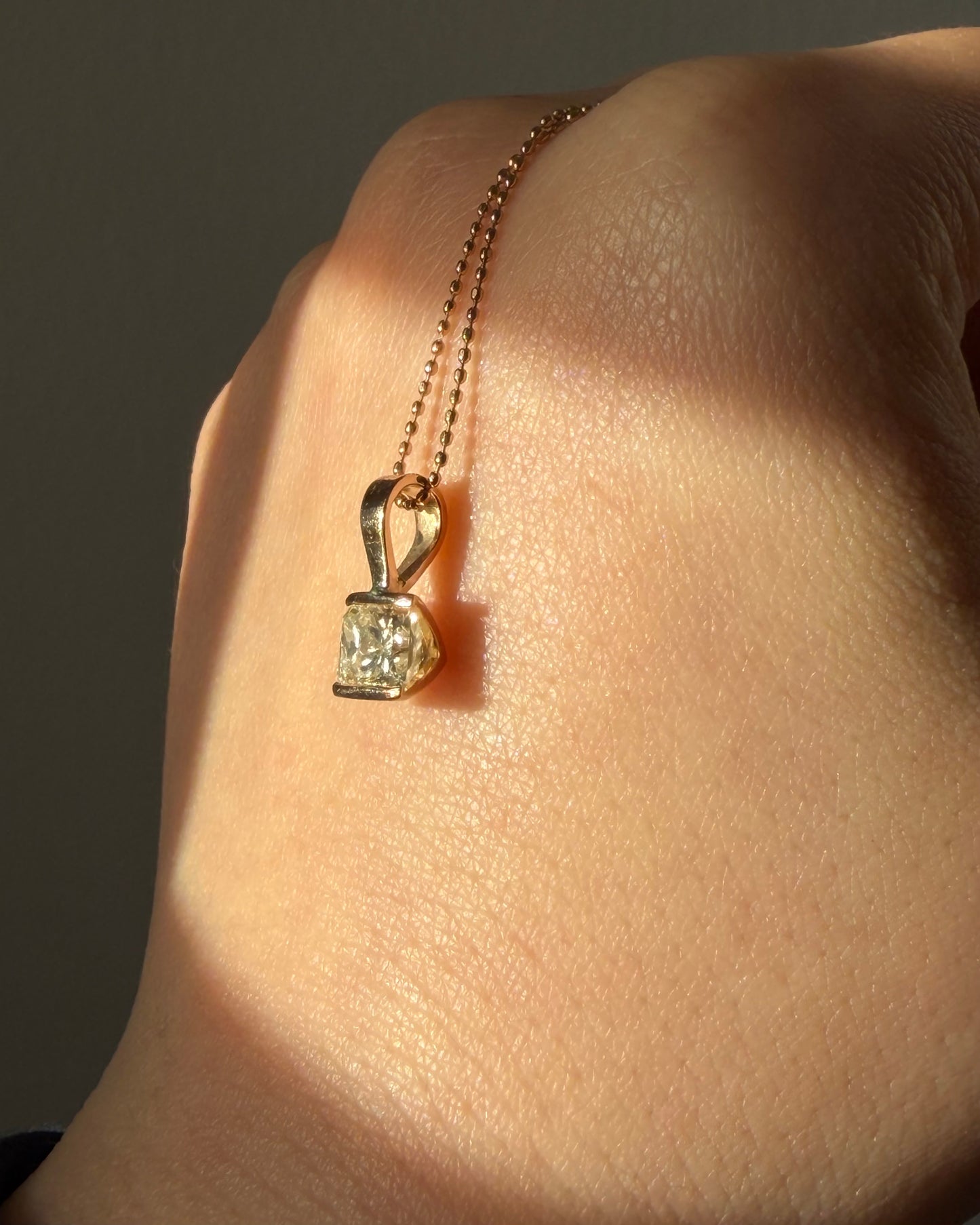 Vintage 18k Gold Half Bezel Set Light Yellow Radiant Cut Diamond Charm Pendant