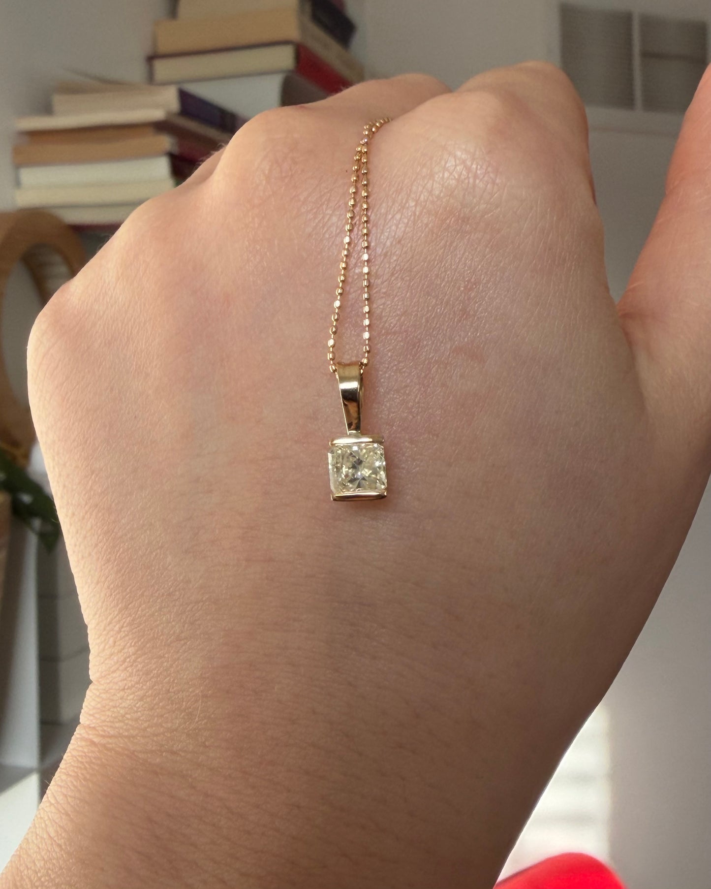Vintage 18k Gold Half Bezel Set Light Yellow Radiant Cut Diamond Charm Pendant