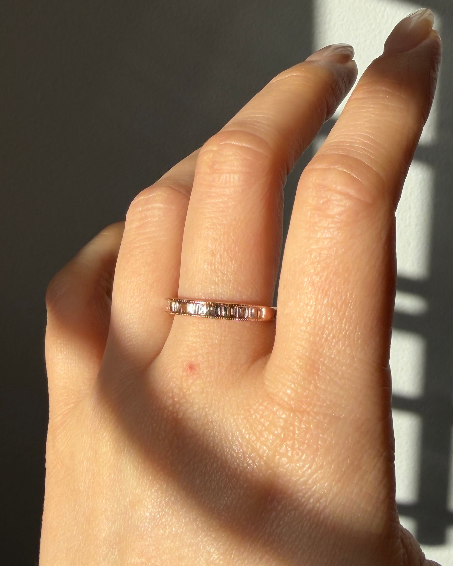 Vintage 18k Rose Gold Light Brown Baguette Diamond Stacking Ring