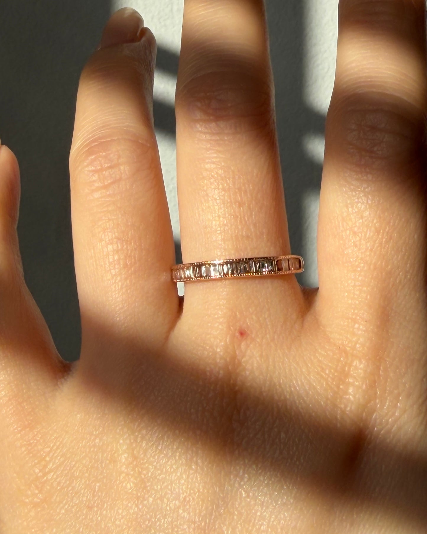 Vintage 18k Rose Gold Light Brown Baguette Diamond Stacking Ring