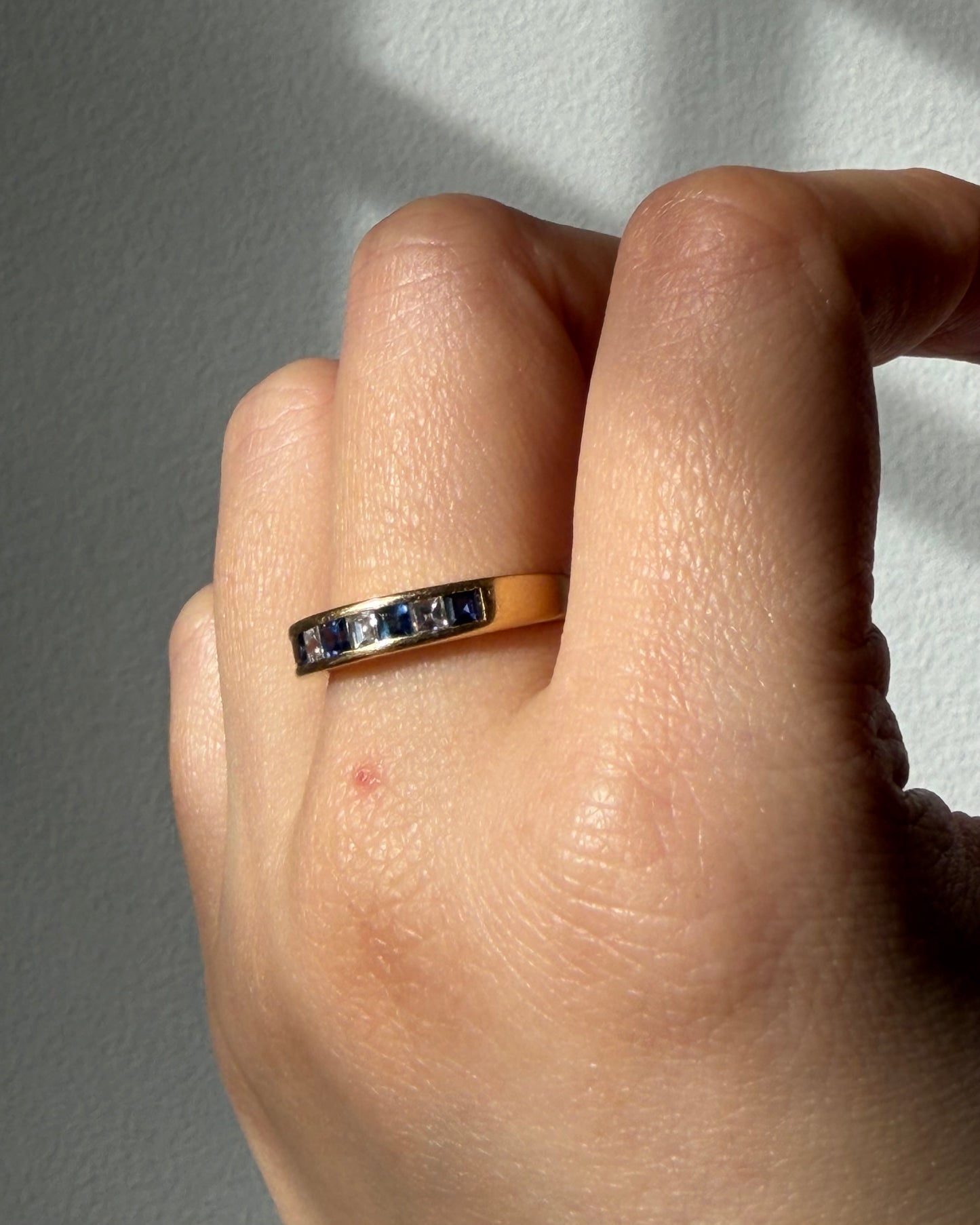 Vintage 18k Gold Step-Cut Square Diamond and Sapphire Channel Set Stackable Ring