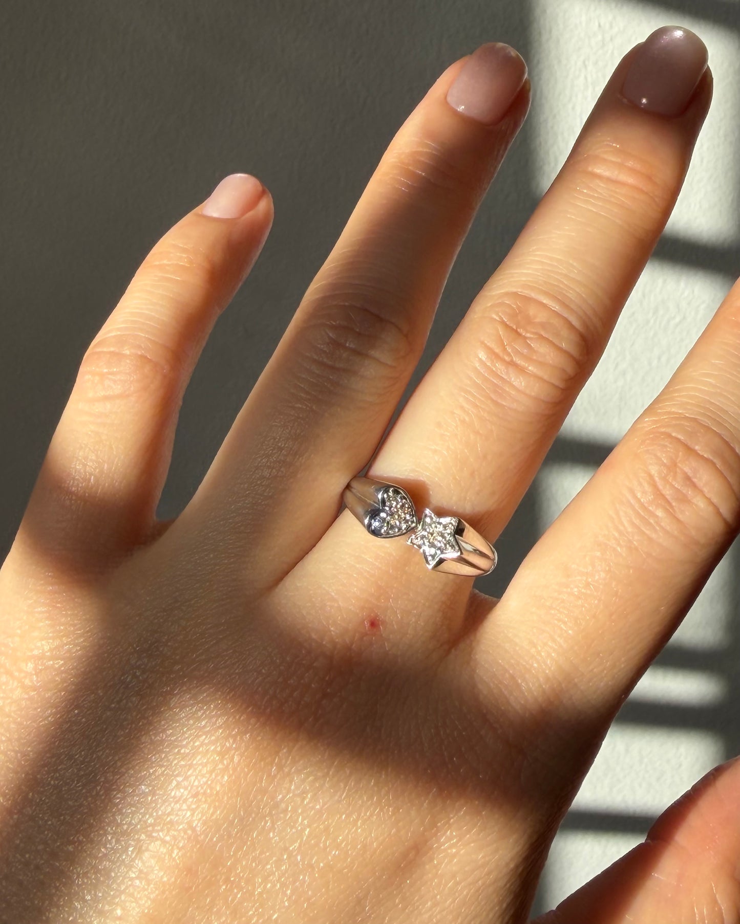 Vintage 18k White Gold Star and Heart Diamond Pave Celestial Motif Ring