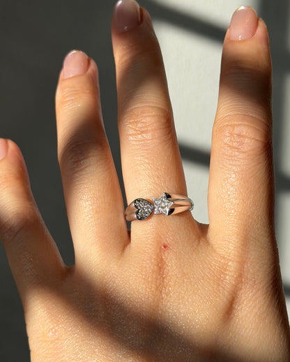 Vintage 18k White Gold Star and Heart Diamond Pave Celestial Motif Ring