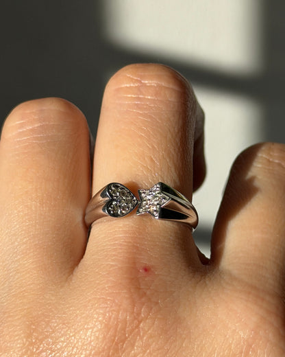 Vintage 18k White Gold Star and Heart Diamond Pave Celestial Motif Ring