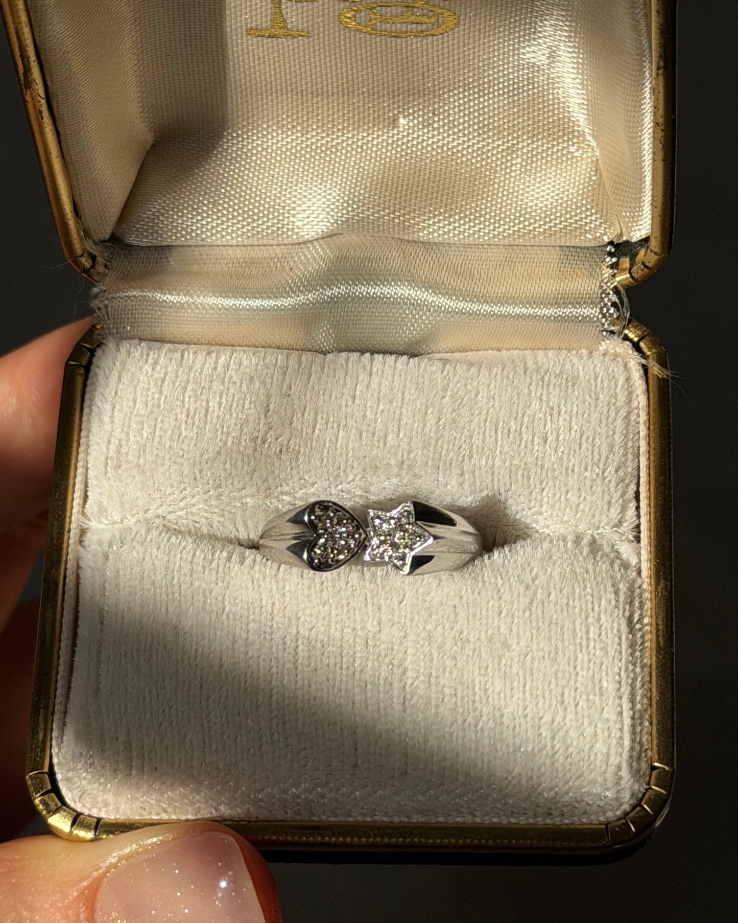 Vintage 18k White Gold Star and Heart Diamond Pave Celestial Motif Ring