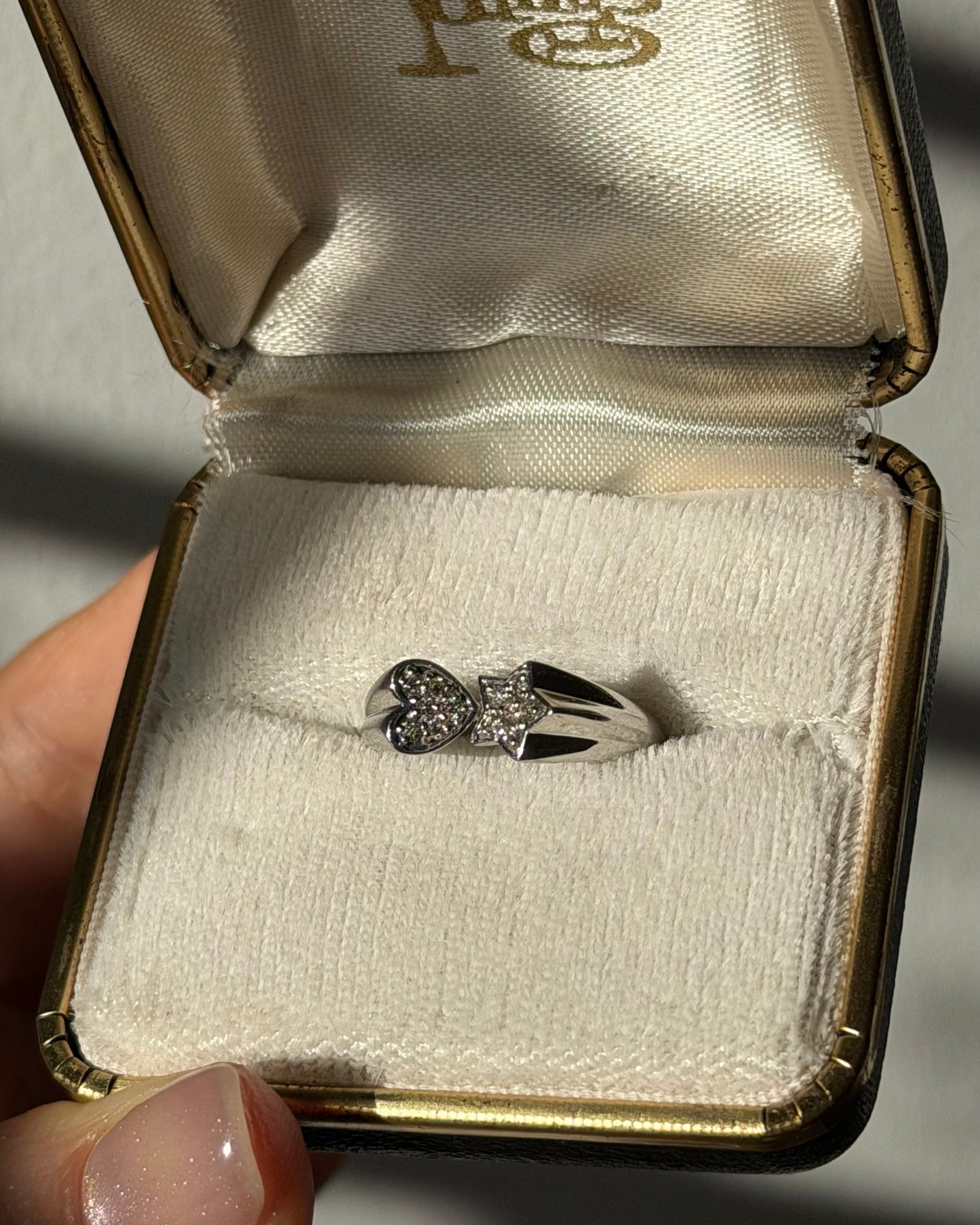 Vintage 18k White Gold Star and Heart Diamond Pave Celestial Motif Ring
