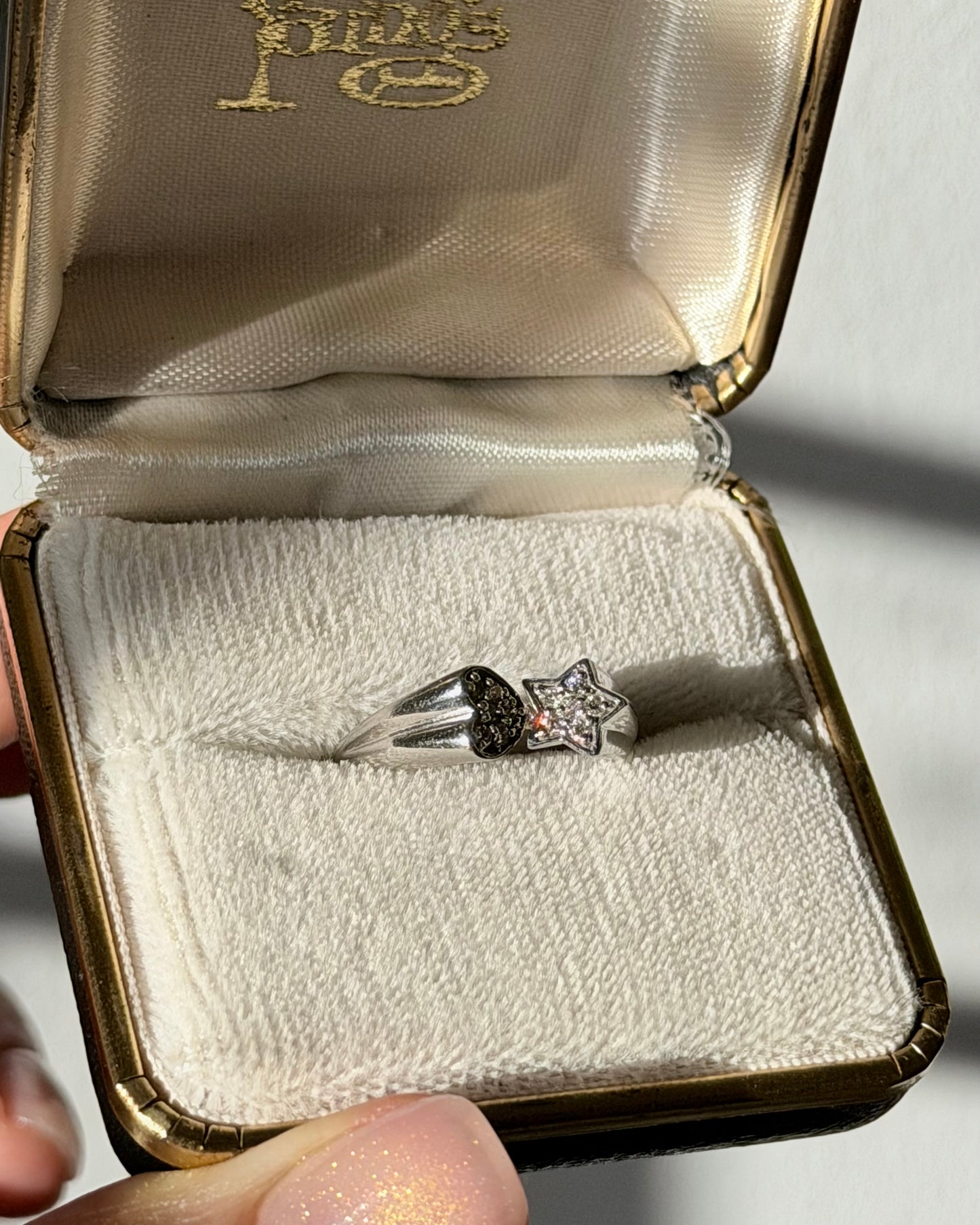 Vintage 18k White Gold Star and Heart Diamond Pave Celestial Motif Ring