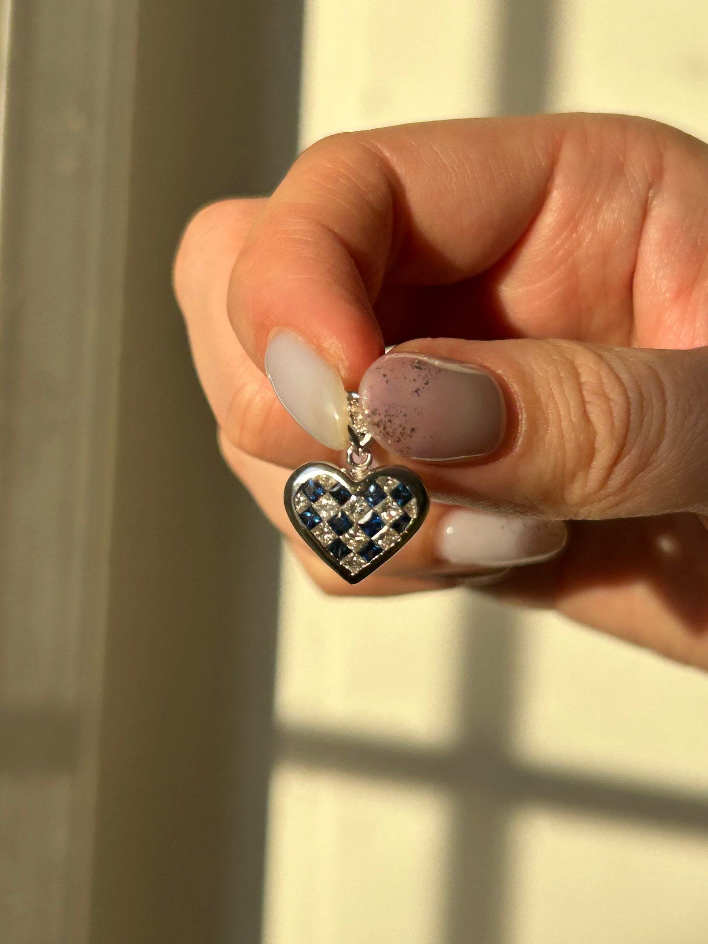 Vintage 18k White Gold Sapphire & Diamond Invisible Set Heart Pendant