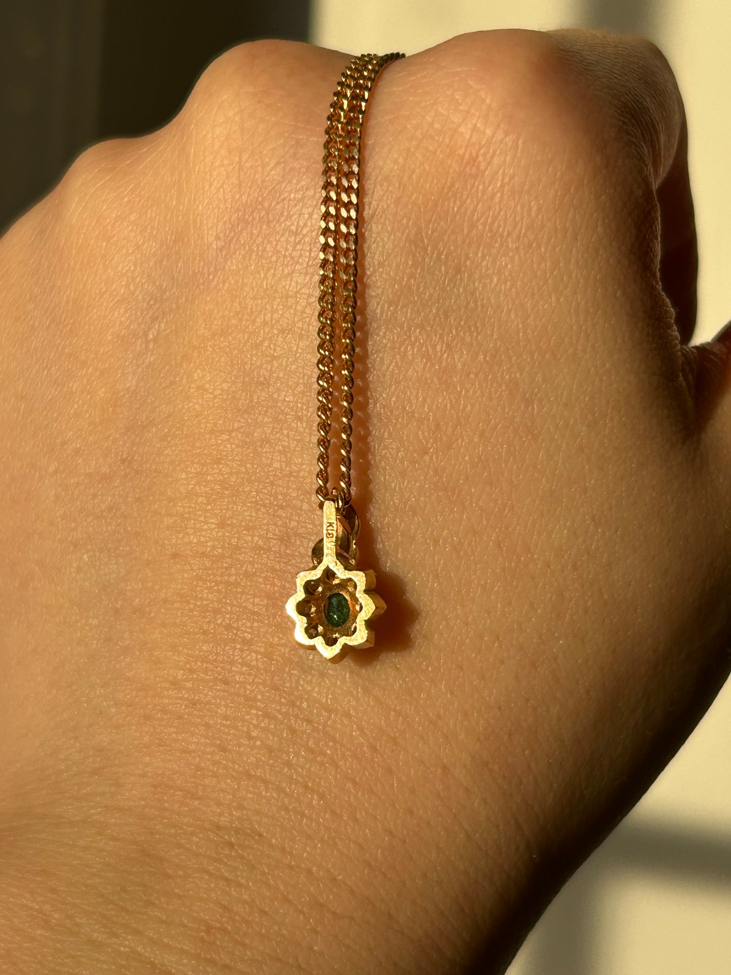 Vintage 18k Oval Emerald Diamond Halo Charm Pendant