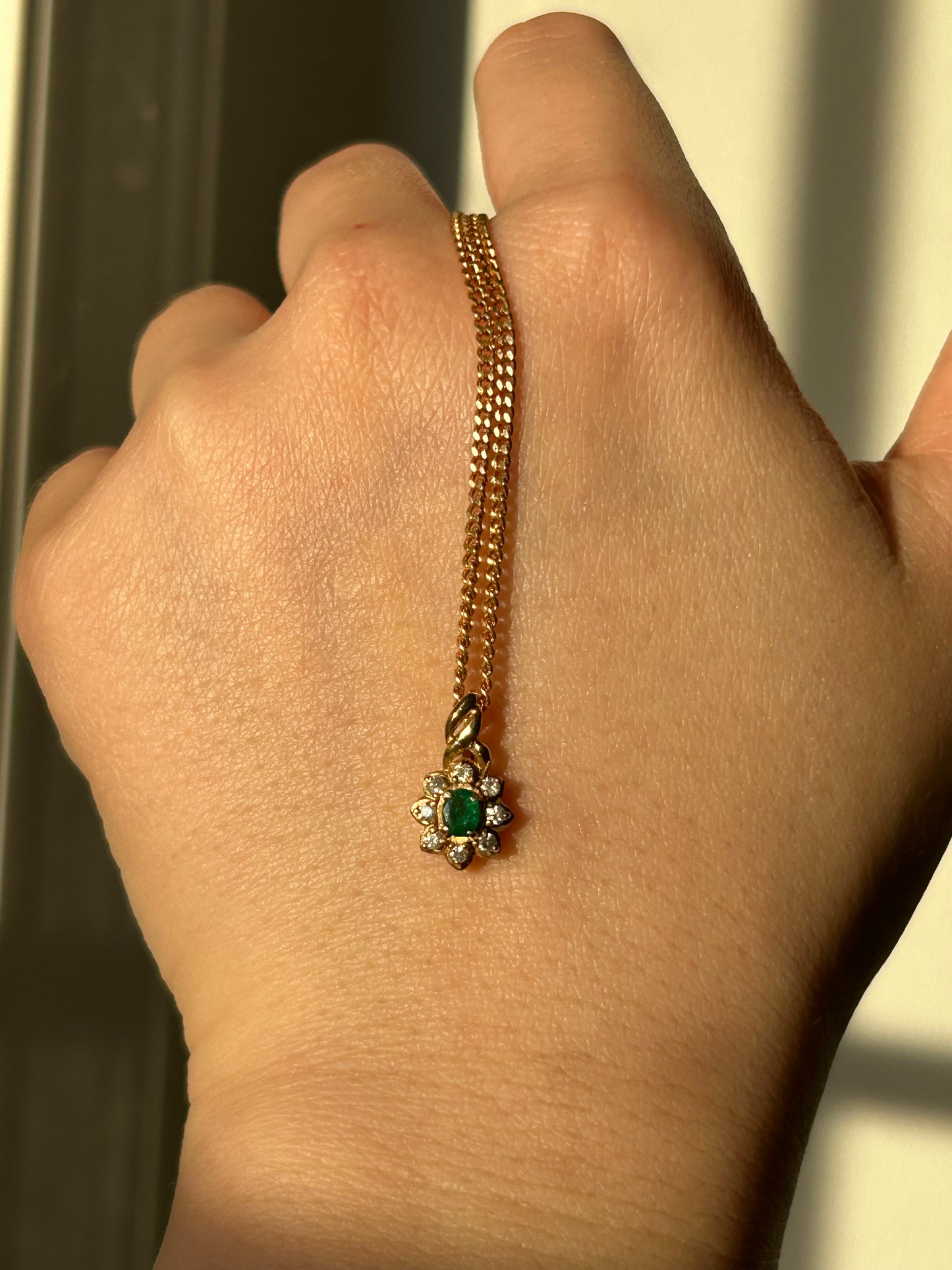 Vintage 18k Oval Emerald Diamond Halo Charm Pendant