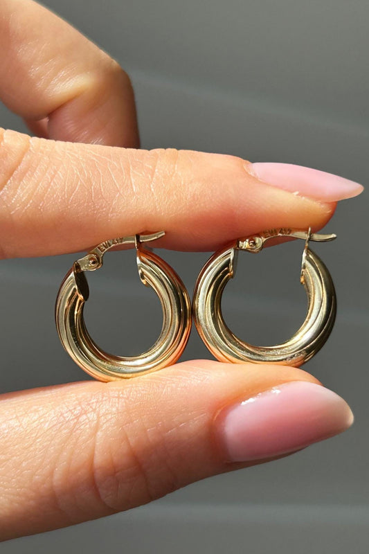 10k Solid Yellow Gold Small Chubby Hoop Earrings, Ribbed Hoops, Rope Hoops, Chunky Gold Hoops, Fluted Hoops Earrings, Chubby Gold Hoops