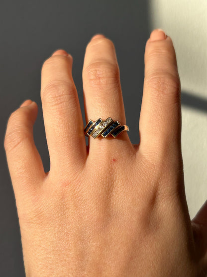 Vintage Art Deco Inspired 18k Gold Diamond & Sapphire Ring - Geometric Zig Zag Design