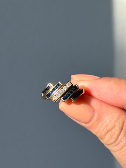 Vintage Art Deco Inspired 18k Gold Diamond & Sapphire Ring - Geometric Zig Zag Design