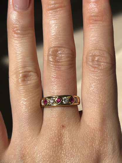 Vintage 18k 50-60’s Art Deco revival geometric ruby and diamond ring
