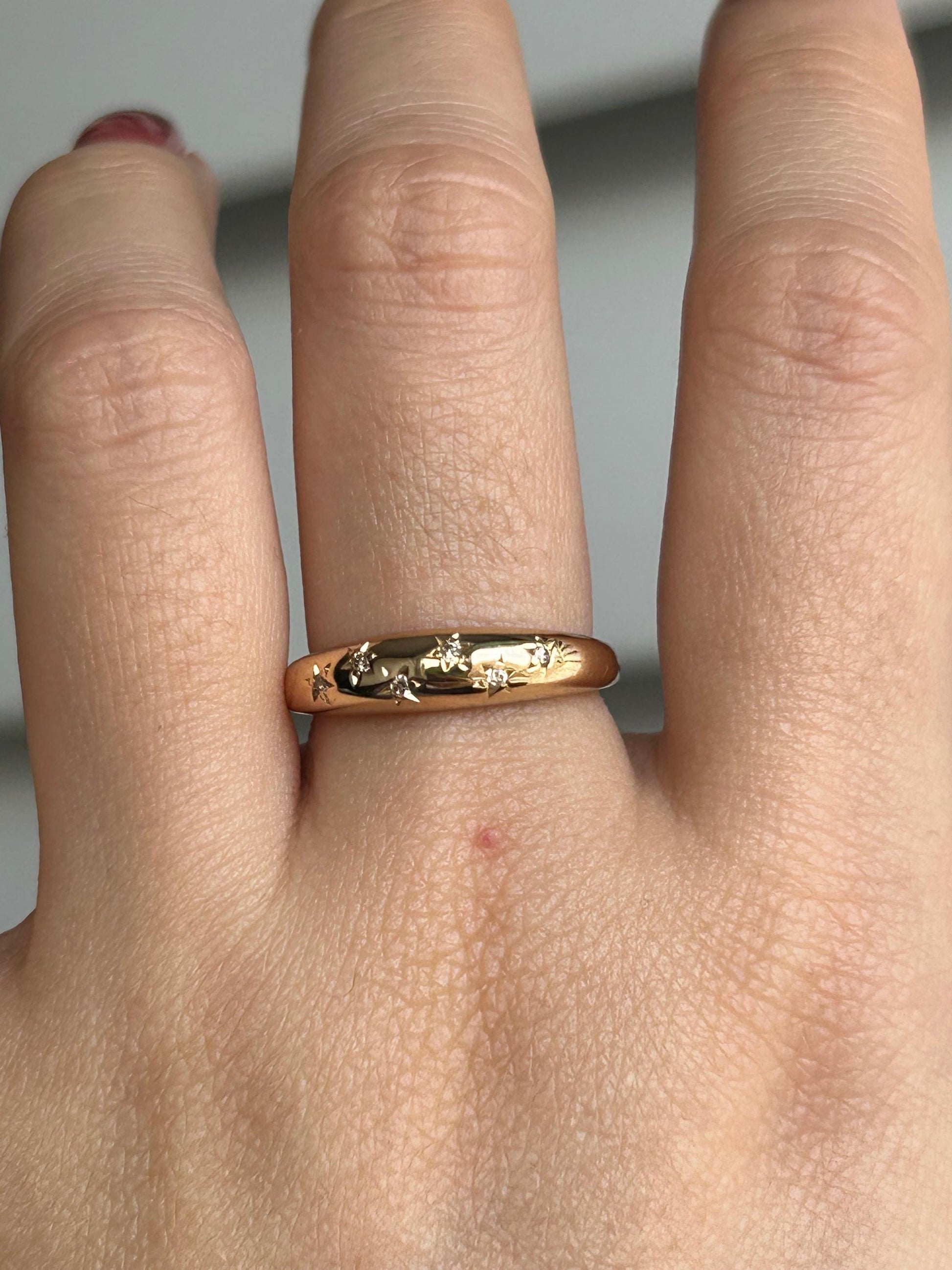 Vintage 18k Gold Diamond Starburst Thin Dome Ring - Vintage Diamond Ring - Starburst Dome Ring - 18K Yellow Gold Ring