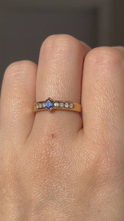 Vintage 18k Shield Step Cut Blue Sapphire Ring with Channel Set Diamonds